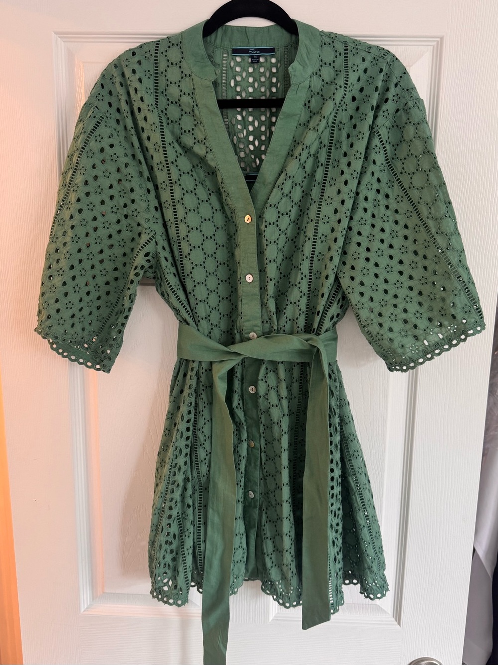 Eyelet Button-Front Mini Dress with Waist Tie - Green